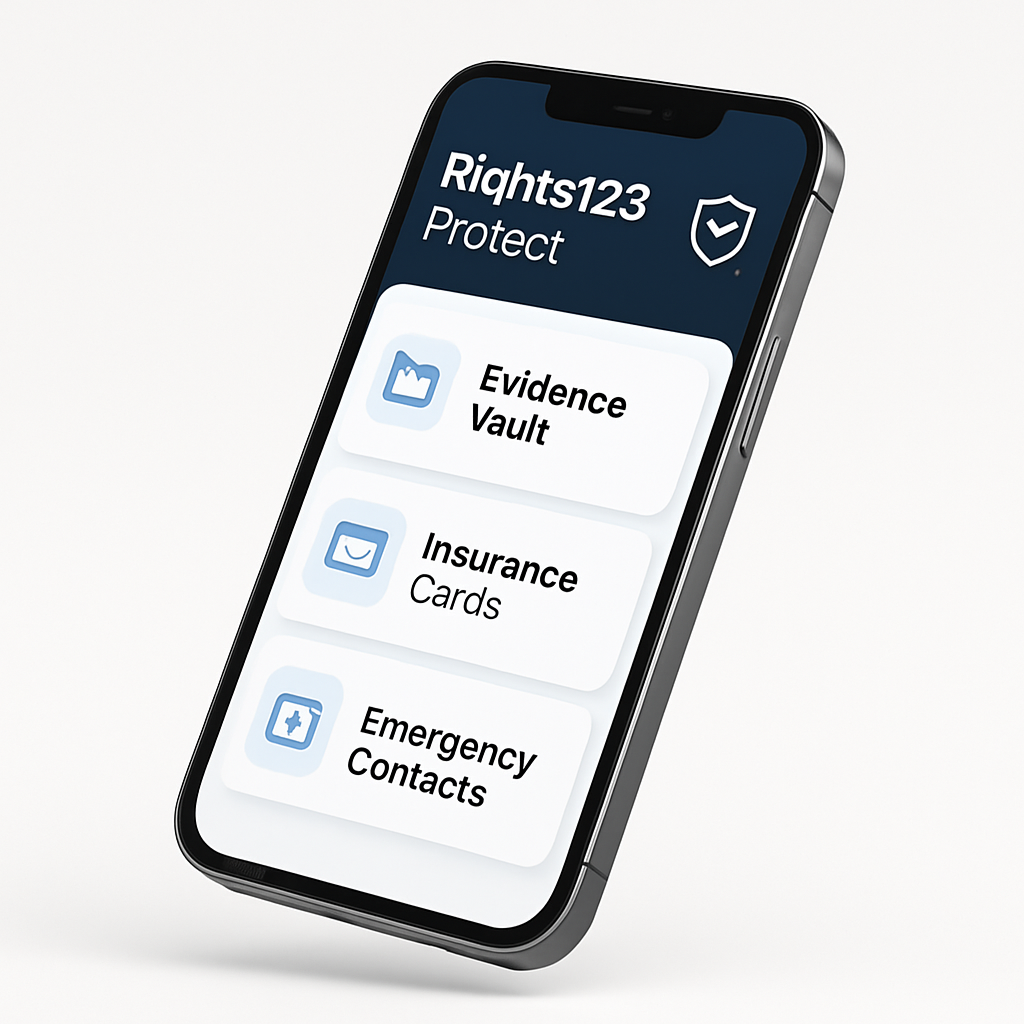 Rights123 Protect app shown on a smartphone